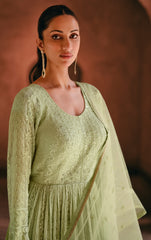 Designer pastel shaded green pure georgette dress with detailed Lucknowi embroidery dress gown