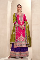 Designer Pink contrasting pure silk dress with deatiled embroidery work
