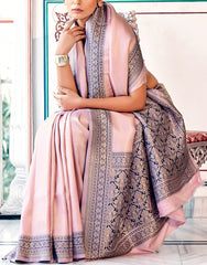 Pure Kanjivaram pastel pink light shaded weaving silk handloom saree with contrasting dark border