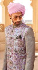 Exclusive latest designer mens indowestern sherwani kurta in pure pv silk and foil print  with handwork