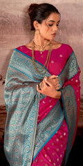 Contrasting Pink Shaded  Banarasi soft silk saree with detailed banarasi inspired work