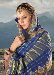 Pure gazzi Royal Blue hand weaved saree with real mirror, moti & cut dana work hand embellished work