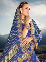 Pure gazzi Royal Blue hand weaved saree with real mirror, moti & cut dana work hand embellished work