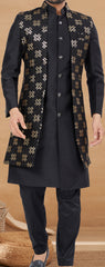 Exclusive Contrasting black Thread and Detailed Embroidery Work Indo Western, Sherwani | Indian Traditional Mens Wear