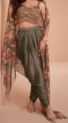 Exclusive handwork on viscose nylon dhoti style Gary dress with floral shrug| unique dress indian wear