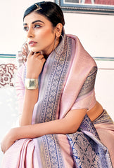 Pure Kanjivaram pastel pink light shaded weaving silk handloom saree with contrasting dark border