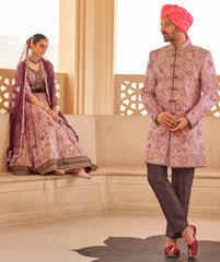 Exclusive latest Light pink designer Gown in pure pv silk and foil print with net dupatta detailed embroidery, hand and mirror work