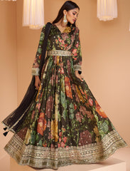 Designer anarakali style Black shaded floral inspired dress on pure georgette and net duppatta | designer dress