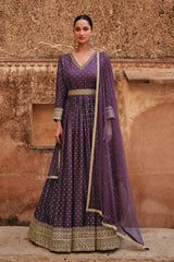 Designer Purple Pure Viscose jaquard silk dress with detailed front and back embroidery