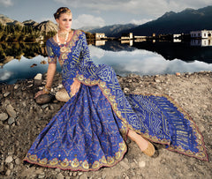 Pure gazzi Royal Blue hand weaved saree with real mirror, moti & cut dana work hand embellished work
