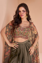 Exclusive handwork on viscose nylon dhoti style Gary dress with floral shrug| unique dress indian wear