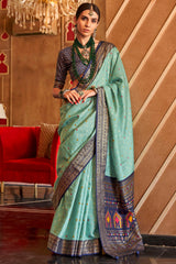 Light Shaded Mercerized Sigma Silk ︎With Classical Patola Design And SambalPuri Print With Aqua Finish