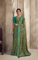 Exquisite Contrasting Green Floral Organza saree with beautiful print, piping work or tassels on pallu | party wear saree | Festive saree