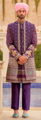 Exclusively for couple combo Purple designer outfit in pure pv silk and foil print with detailed hand mirror work