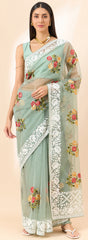 Latest light Blue shaded organza saree with detailed embroidery and floral inspired design saree for all occasion