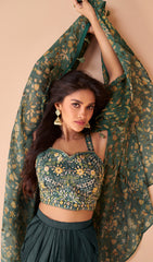 Exclusive handwork on viscose nylon Dhoti style Green dress with floral shrug | unique dress indian wear