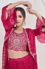 Exclusive designer Dark pink pure georgette dress with detailed embroidery lace Shrug