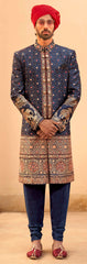 Exclusively for couple combo Blue  designer outfit in pure pv silk and foil print with detailed hand mirror work