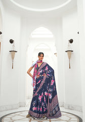 Blue Floral Inspired Digital Printed Kalamkari Saree On pure silk crape