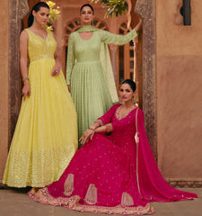 Designer Pink shaded pure georgette dress with detailed embroidery dress gown