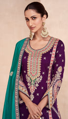 Designer Purple contrasting pure silk dress with deatiled embroidery work
