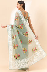 Latest light Blue shaded organza saree with detailed embroidery and floral inspired design saree for all occasion