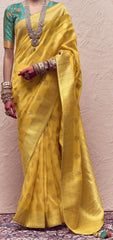 Contrasting Fancy Blouse Saree on Pure Crape Dola Silk Saree with Tussles on Pallu