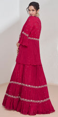 Exclusive designer Dark pink pure georgette dress with detailed embroidery lace Shrug