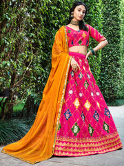 Contrasting lehenga inspired on india art and culture embroidery on silk