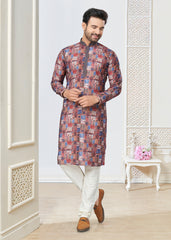 Contrasting indian aspiring Printed khakhi on jacquard silk Mens kurta for wedding and other occasion comes with pajama