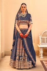 Exclusive latest Royal Blue designer Lehenga in pure pv silk and foil print with detailed embroidery, hand and mirror work