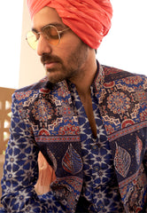 Exclusively for couple combo blue designer outfit in pure PV silk and foil print with detailed hand mirror work