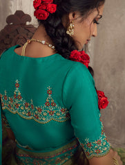 Exquisite Contrasting Green Floral Organza saree with beautiful print, piping work or tassels on pallu | party wear saree | Festive saree