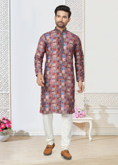 Contrasting indian aspiring Printed khakhi on jacquard silk Mens kurta for wedding and other occasion comes with pajama