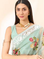 Latest light Blue shaded organza saree with detailed embroidery and floral inspired design saree for all occasion