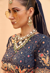 Exclusive latest Royal Blue designer Lehenga in pure pv silk and foil print with detailed embroidery, hand and mirror work