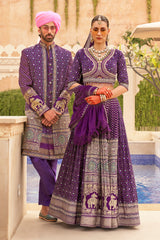 Exclusively for couple combo Purple designer outfit in pure pv silk and foil print with detailed hand mirror work