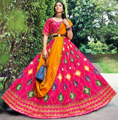 Contrasting lehenga inspired on india art and culture embroidery on silk