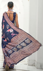 Blue Floral Inspired Digital Printed Kalamkari Saree On pure silk crape