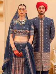 Exclusive latest Royal Blue designer Lehenga in pure pv silk and foil print with detailed embroidery, hand and mirror work