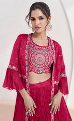 Exclusive designer Dark pink pure georgette dress with detailed embroidery lace Shrug