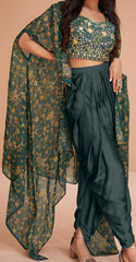 Exclusive handwork on viscose nylon Dhoti style Green dress with floral shrug | unique dress indian wear