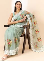 Latest light Blue shaded organza saree with detailed embroidery and floral inspired design saree for all occasion