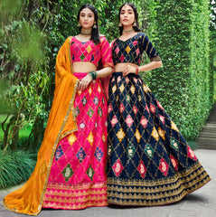 Contrasting lehenga inspired on india art and culture embroidery on silk
