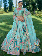 Contrasting Designer light blue lehenga on viscose with Zari, Hand, Thread, embroidery detailed work indian aspired work