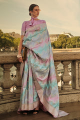 Handloom weaving designer satin silk saree with detailed indian inspired design