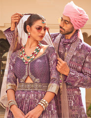 Exclusively for couple combo Purple designer outfit in pure pv silk and foil print with detailed hand mirror work