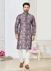 Contrasting indian aspiring Printed khakhi on jacquard silk Mens kurta for wedding and other occasion comes with pajama