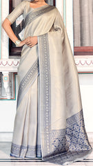 Pure Kanjivaram pastel gray light shaded weaving silk handloom saree with contrasting dark border