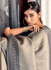 Pure Kanjivaram pastel gray light shaded weaving silk handloom saree with contrasting dark border